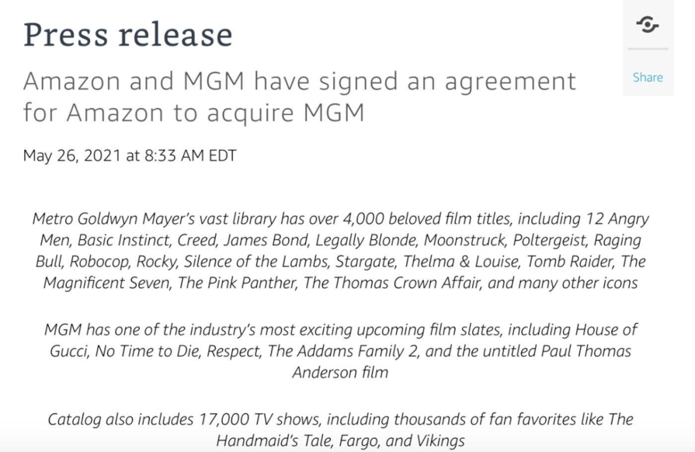 亚马逊收购米高梅_米高梅收购_米高梅被亚马逊收购的原因